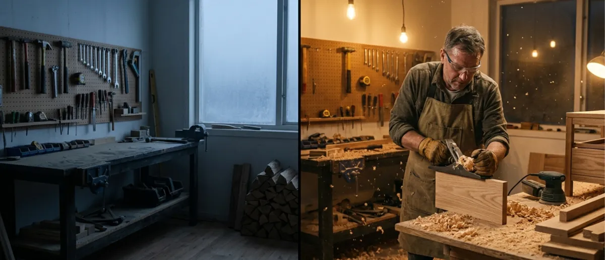 Comparaison entre un atelier vide en periode creuse et un atelier plein avec un artisan au travail