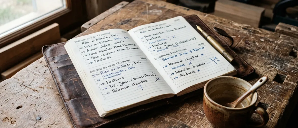 Carnet d'artisan avec des notes manuscrites de contacts clients a rappeler