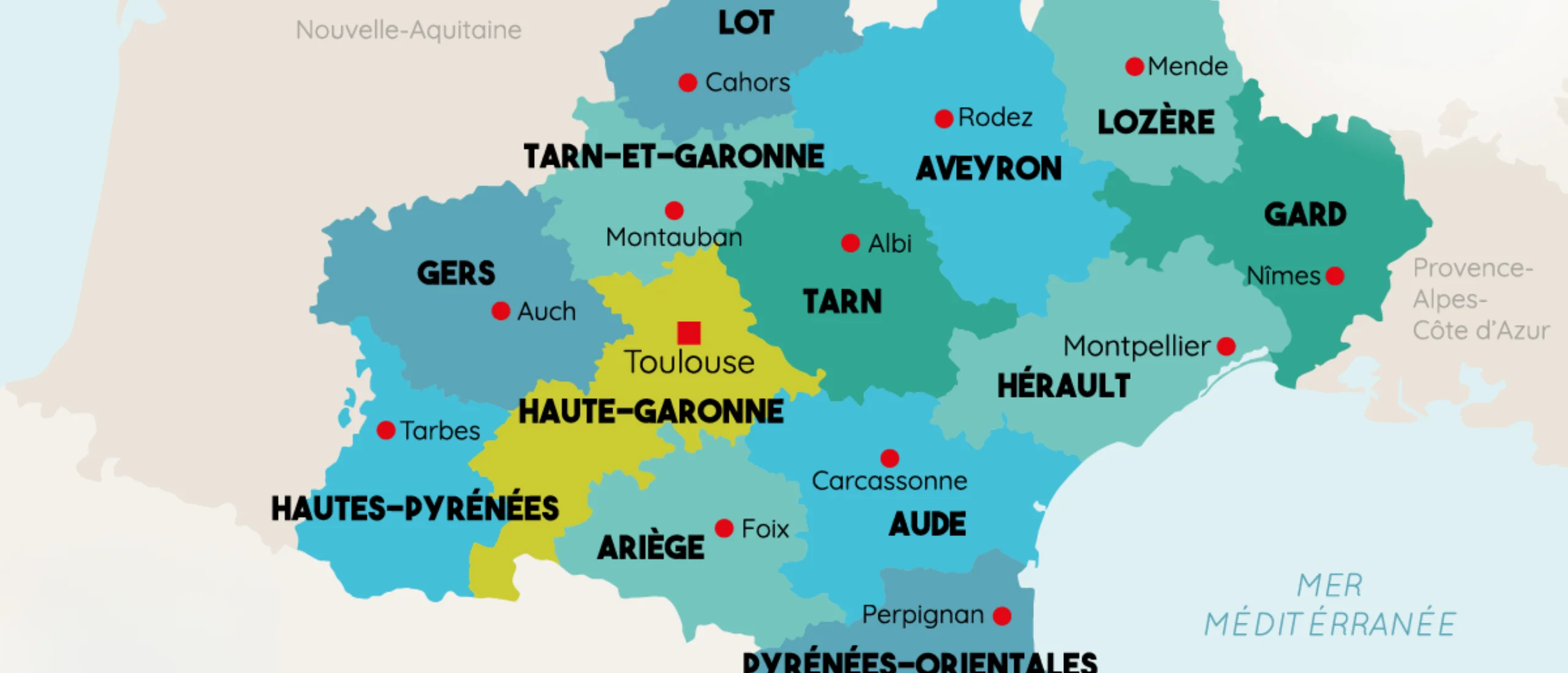 Carte de la region Occitanie avec ses departements et villes principales